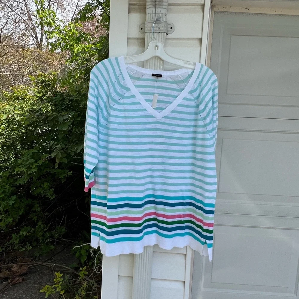 NWT Talbots Pretty White Aqua Multicolor Stripe Hem V-neck Cotton Sweater - Picture 3 of 3